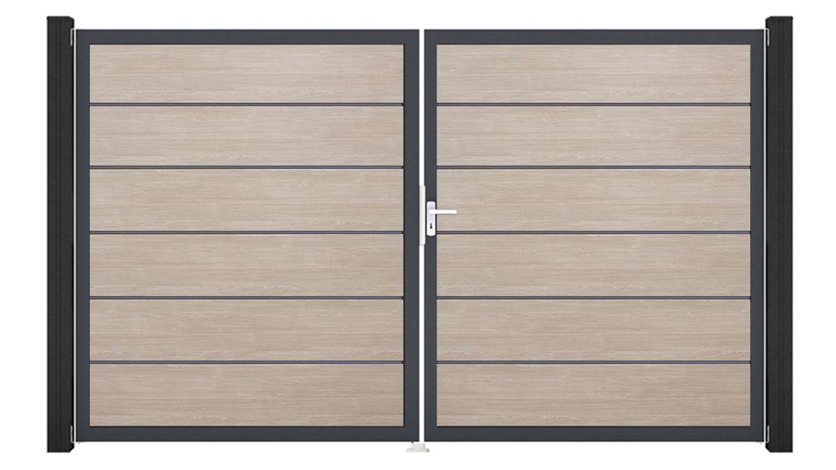 planeo Gardence Simply Premium - Portail en PVC à deux vantaux, modèle Sheffield Oak avec cadre en aluminium, 300 x 180 cm