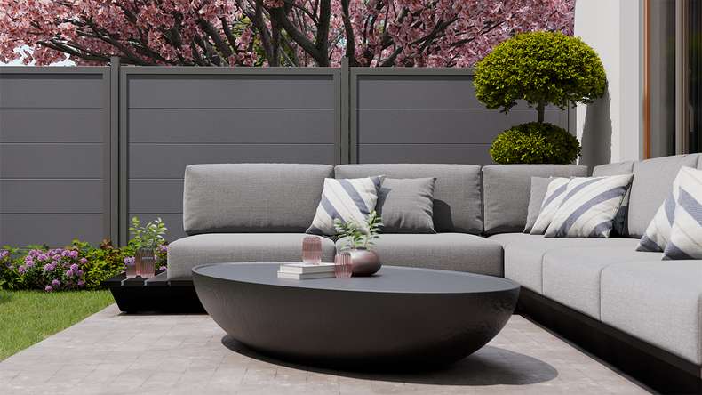 planeo Gardence Simply Guard - Clôture de jardin en PVC gris anthracite avec cadre en aluminium anthracite 180 x 180 cm