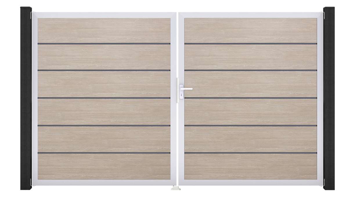 planeo Gardence Simply Premium - Portail en PVC à deux vantaux, modèle Sheffield Oak avec cadre en aluminium, 300 x 180 cm