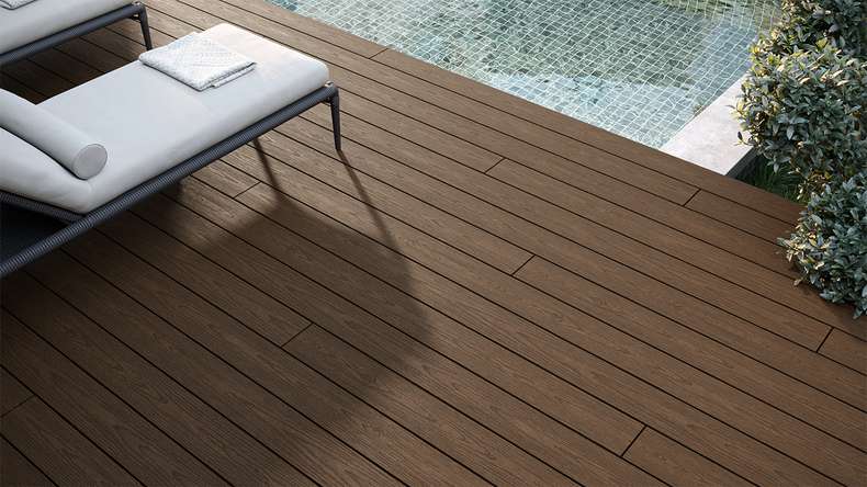 planeo CoEXWood Lame de terrasse WPC massif enrobé - brun clair/brun foncé 3m structuré