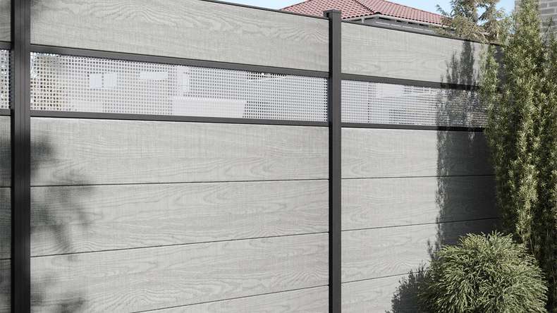 planeo Gardence Simply - Clôture PVC à emboîter Carré Grey Ash Cut Oak 180x180 cm