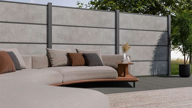 planeo Gardence Resistant - Clôture à emboîter HPL gris béton 180 x 183 cm