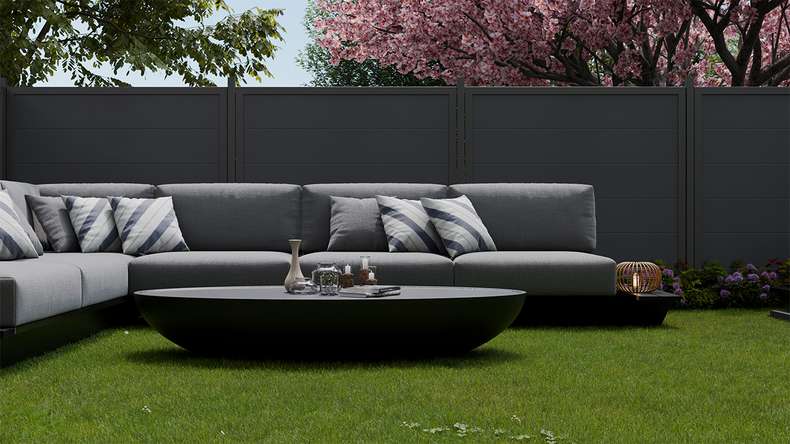 planeo Gardence Simply Guard - Clôture de jardin en PVC gris anthracite avec cadre en aluminium anthracite 180 x 180 cm