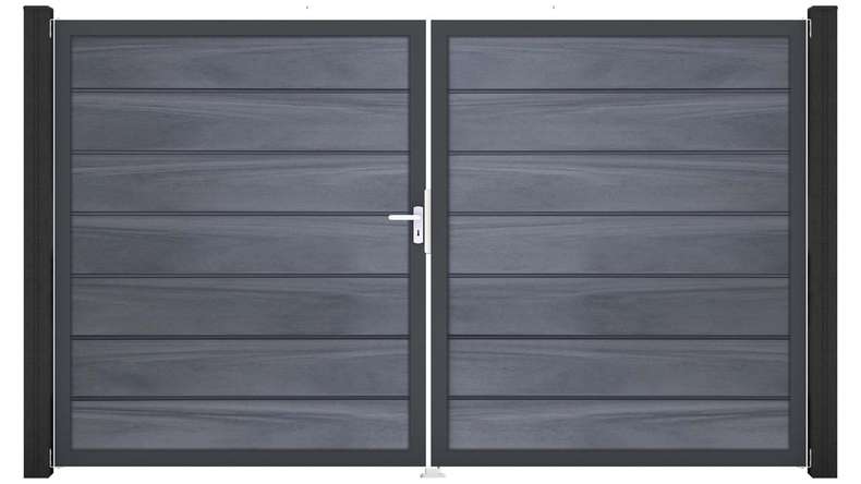 planeo Gardence Deluxe - Portail BPC - À deux vantaux, gris pierre, co-extrudé avec cadre en aluminium
