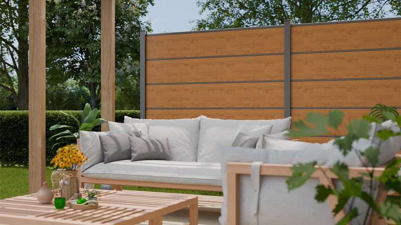 planeo Gardence Simply Premium - Clôture PVC à emboîter chêne cendré naturel avec pilastres anthracite 180 x 180 cm