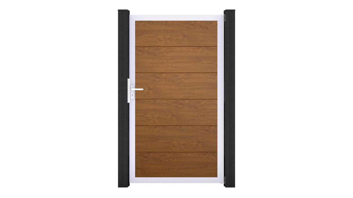 planeo Gardence Simply - Portail universel en PVC « Golden Oak » avec cadre en aluminium, 100 x 180 cm