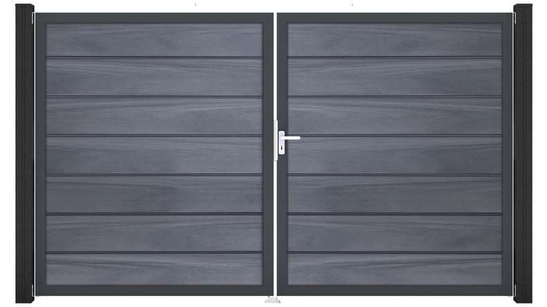 planeo Gardence Deluxe - Portail BPC - À deux vantaux, gris pierre, co-extrudé avec cadre en aluminium