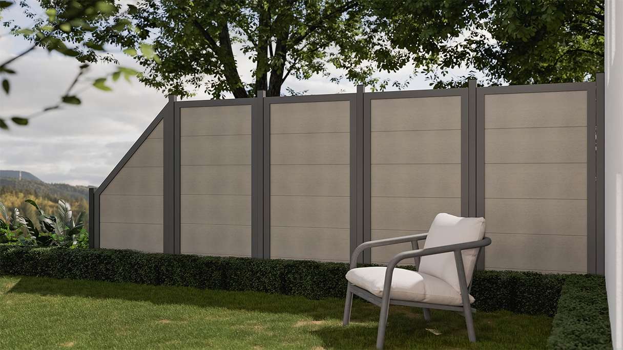 planeo Gardence Guard - Clôture composite Vertical Bi-Color Sable avec cadre aluminium Anthracite