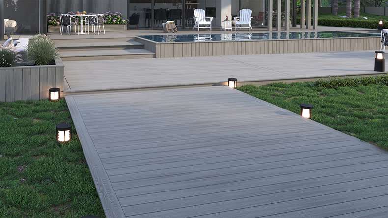 planeo WOODLine Nature - Lame de terrasse WPC CoEx enrobée chambre creuse - gris clair 3m structuré/lisse brossé