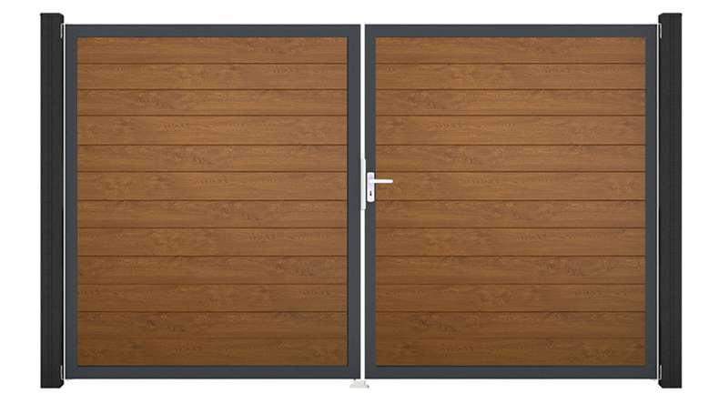 planeo Gardence Simply Small - Portail en PVC à deux vantaux, couleur Golden Oak, avec cadre en aluminium, 300 x 180 cm