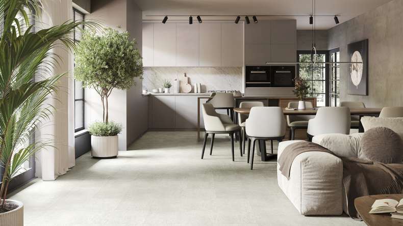 planeo rigide Sol PVC clipsable - SolutionX 2in1 gris béton clair | Isolation phonique intégrée (ECF-0099)
