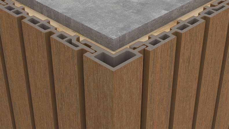 planeo LINEA - Angle extérieur en WPC CoEx « Burma Teak » 2900 x 62 x 55 mm