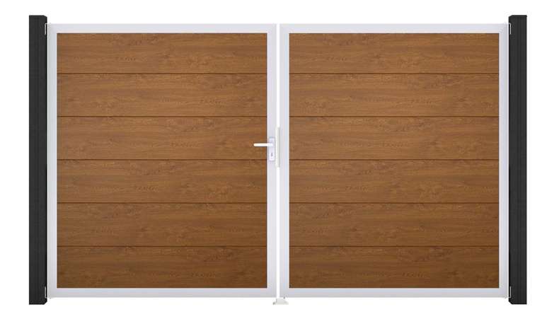 planeo Gardence Simply - Portail en PVC à deux vantaux, couleur Golden Oak, avec cadre en aluminium