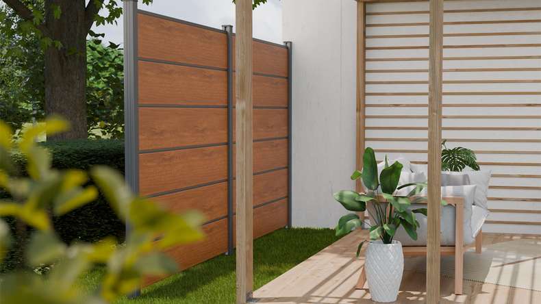 planeo Gardence Simply Premium - Clôture PVC à emboîter Golden Oak avec pilastres en anthracite 180 x 180 cm