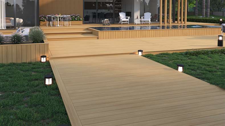 planeo WOODLine Nature - Lame de terrasse WPC CoEx enrobée chambre creuse - sable 3m structuré/lisse brossé