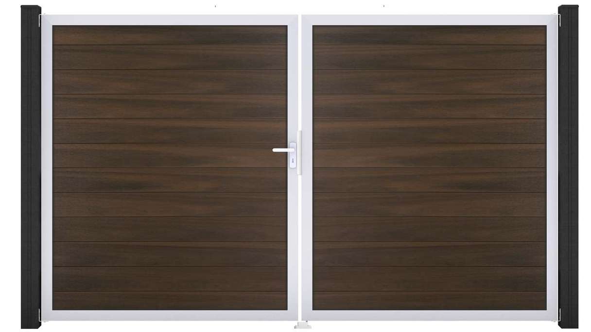 planeo Gardence Strong - Portail BPC - 2 vantaux, finition noyer co-ex avec cadre en aluminium