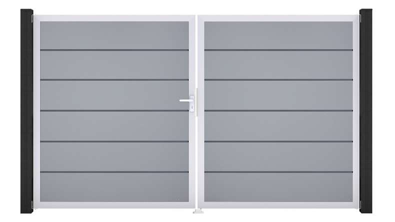 planeo Gardence Simply Premium - Porte en PVC - DIN gauche 2 vantaux gris argenté avec cadre aluminium argenté | EV1 300 x 180 cm