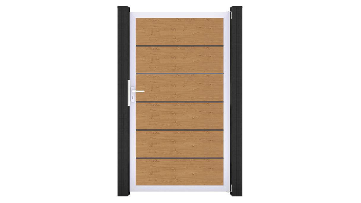 planeo Gardence Simply Premium - Portail universel en PVC « Chêne noueux naturel » avec cadre en aluminium, 100 x 180 cm