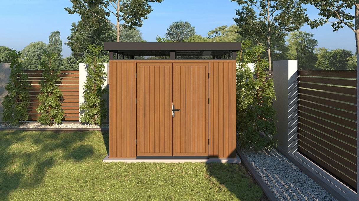 Abri de jardin planeo WPC CoEx à toit plat, modèle M - Teck de Birmanie, 250 x 250 x 226,5 cm