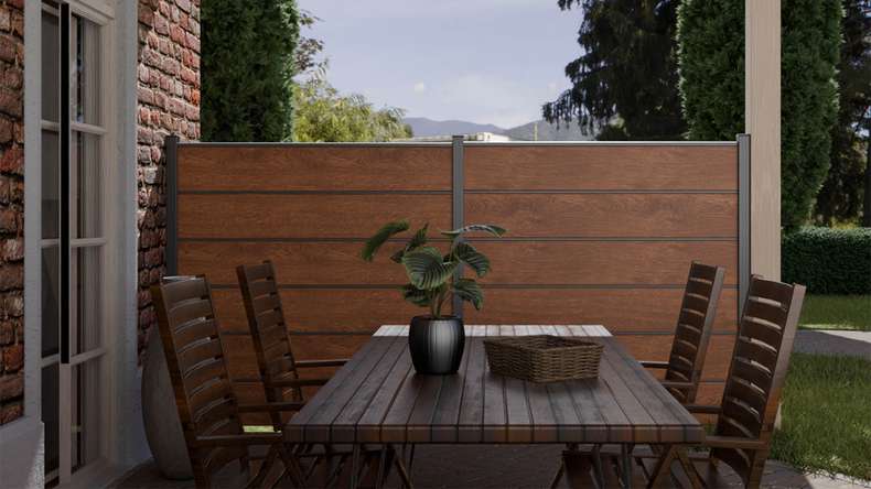 planeo Gardence Simply Premium - Clôture PVC à emboîter Golden Oak avec pilastres en anthracite 180 x 180 cm