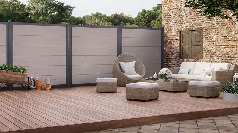 planeo Gardence Guard - Clôture composite Carré Bi-Color Sable avec cadre en aluminium Anthracite