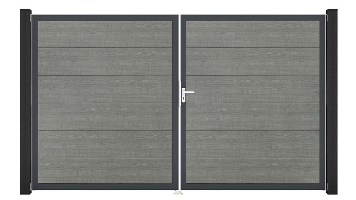 planeo Gardence Simply - Portail en PVC à deux battants « Grey Ash Cut » avec cadre en aluminium