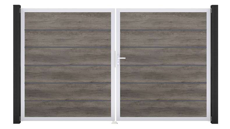 planeo Gardence Simply Premium - Porte PVC - DIN droite 2 vantaux Monument Oak avec cadre aluminium argent | EV1 300 x 180 cm