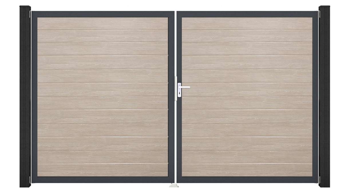 planeo Gardence Simply Small - Portail en PVC à deux vantaux, coloris Sheffield Oak, avec cadre en aluminium, 300 x 180 cm