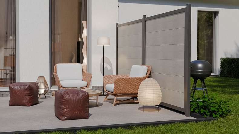 planeo Gardence Guard - Clôture composite Carré Bi-Color Sable avec cadre en aluminium Anthracite