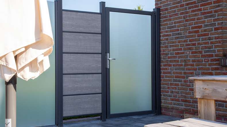 planeo Gardence Flair - Brise vue Verre Porte DIN droite Satiné avec cadre en aluminium Anthracite 100 x 180 cm