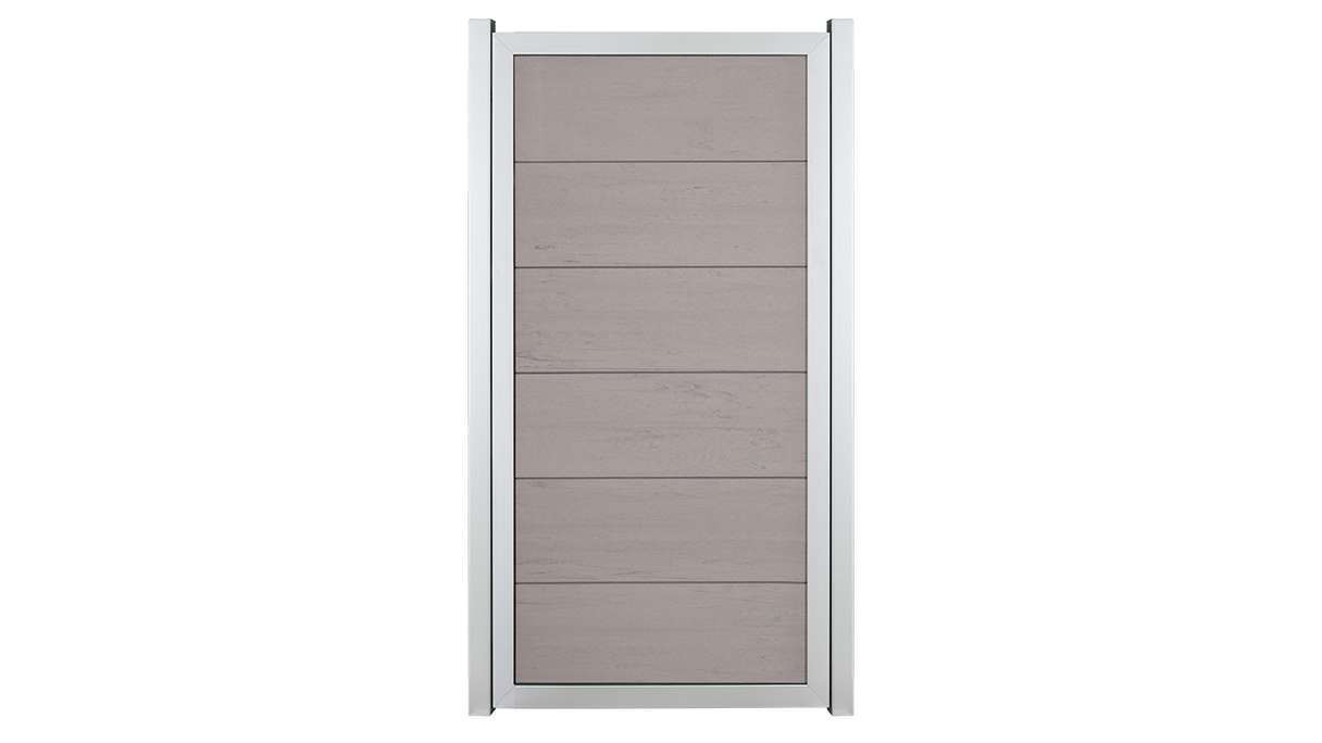 planeo Gardence Guard - Clôture composite Vertical Bi-Color Sable avec cadre aluminium argent