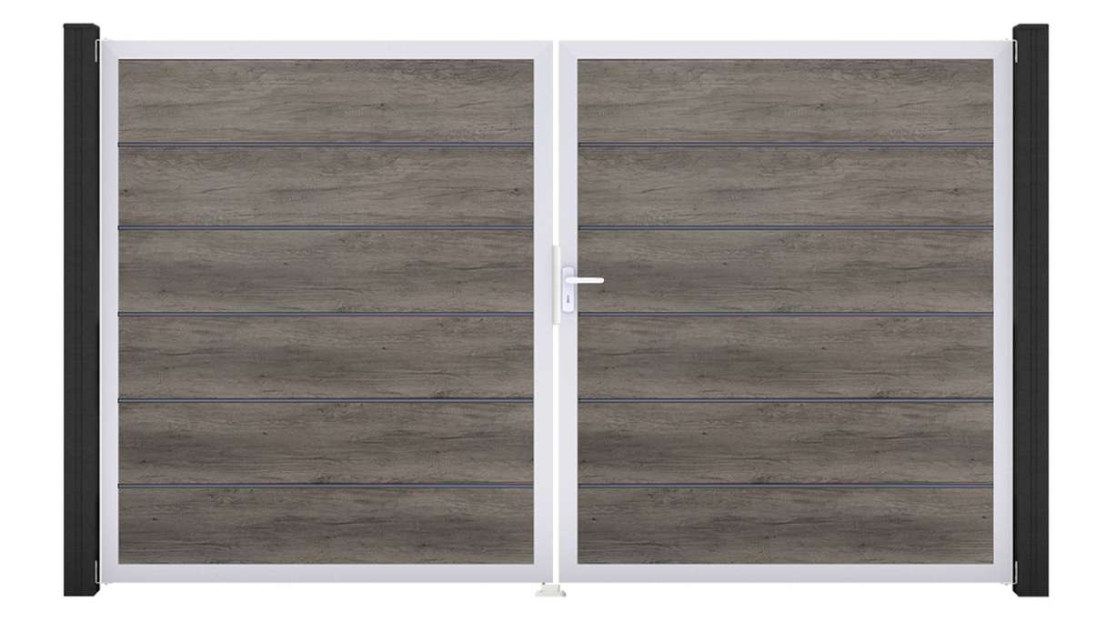 planeo Gardence Simply Premium - Portail en PVC à deux vantaux, couleur Monument Oak, avec cadre en aluminium, 300 x 180 cm