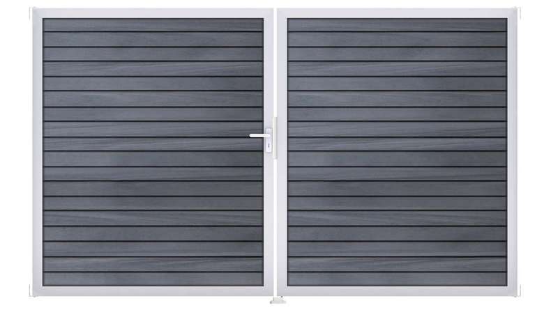 planeo Gardence Trendy - Portail BPC en losange - 2 vantaux, gris pierre, co-extrudé avec cadre en aluminium
