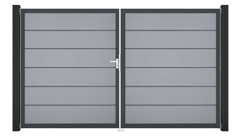 planeo Gardence Simply Premium - Porte PVC - DIN gauche 2 vantaux gris argenté avec cadre alu anthracite | DB703 300 x 180 cm