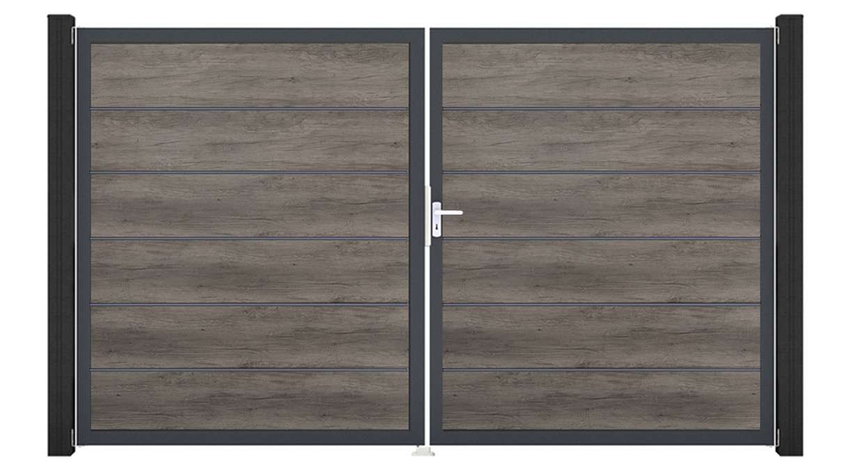 planeo Gardence Simply Premium - Portail en PVC à deux vantaux, couleur Monument Oak, avec cadre en aluminium, 300 x 180 cm