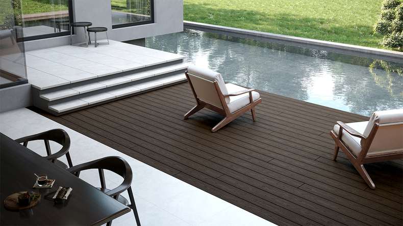 planeo CoEXWood Lame de terrasse WPC massif enrobé - brun clair/brun foncé 3m structuré
