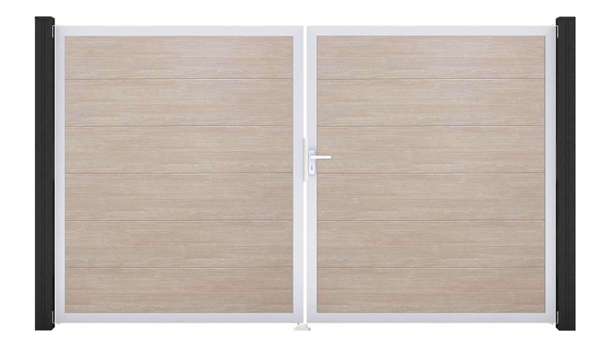 planeo Gardence Simply - Portail en PVC à deux vantaux, modèle Sheffield Oak, avec cadre en aluminium 