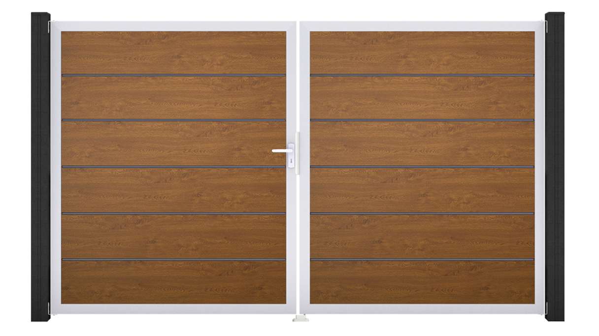 planeo Gardence Simply Premium - Portail en PVC à deux battants, coloris Golden Oak, avec cadre en aluminium, 300 x 180 cm
