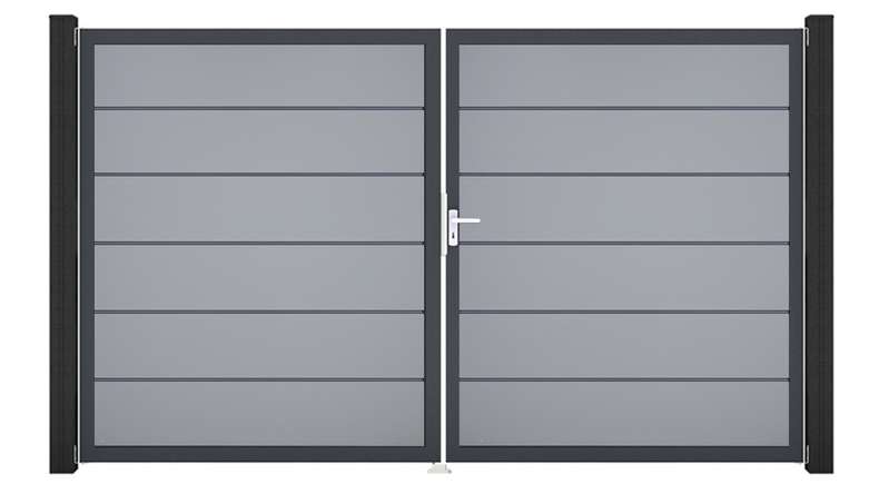 planeo Gardence Simply Premium - Portail en PVC à deux vantaux, gris argenté, avec cadre en aluminium, 300 x 180 cm