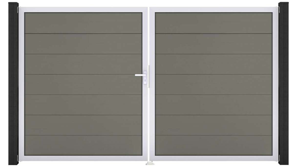 planeo Gardence Strong XL - Portail BPC - À deux battants, gris, avec cadre en aluminium