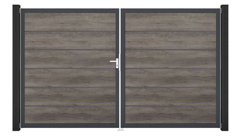 planeo Gardence Simply Premium - Portail en PVC à deux vantaux, couleur Monument Oak, avec cadre en aluminium, 300 x 180 cm
