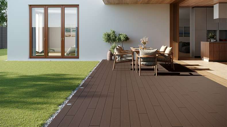 planeo LineWood Lame de terrasse WPC massif - brun foncé 3m rainuré/cannelé