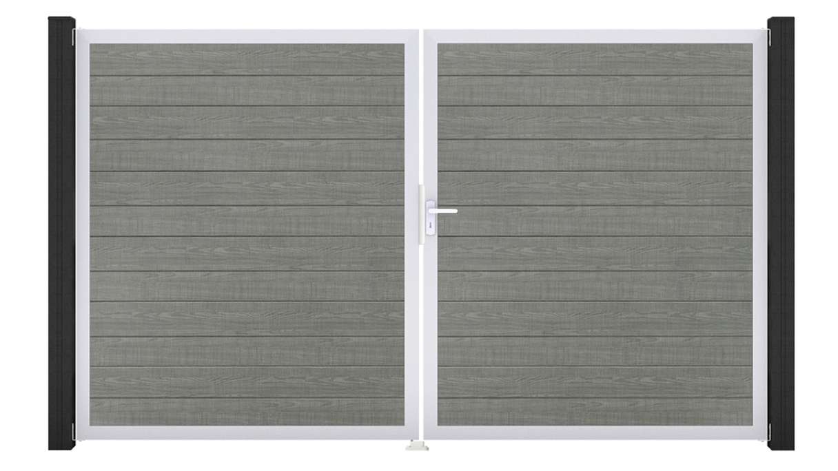 planeo Gardence Simply Small - Portail en PVC à deux vantaux « Grey Ash Cut » avec cadre en aluminium, 300 x 180 cm
