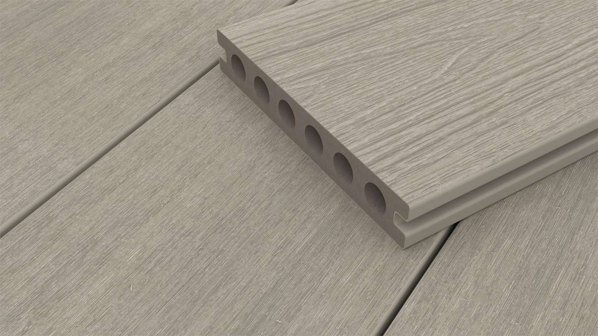 planeo WOODLine Nature - Lame de terrasse WPC CoEx enrobée chambre creuse - gris clair 3m structuré/lisse brossé