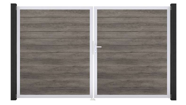 planeo Gardence Simply Small - Portail en PVC à deux vantaux, couleur Monument Oak, avec cadre en aluminium, 300 x 180 cm