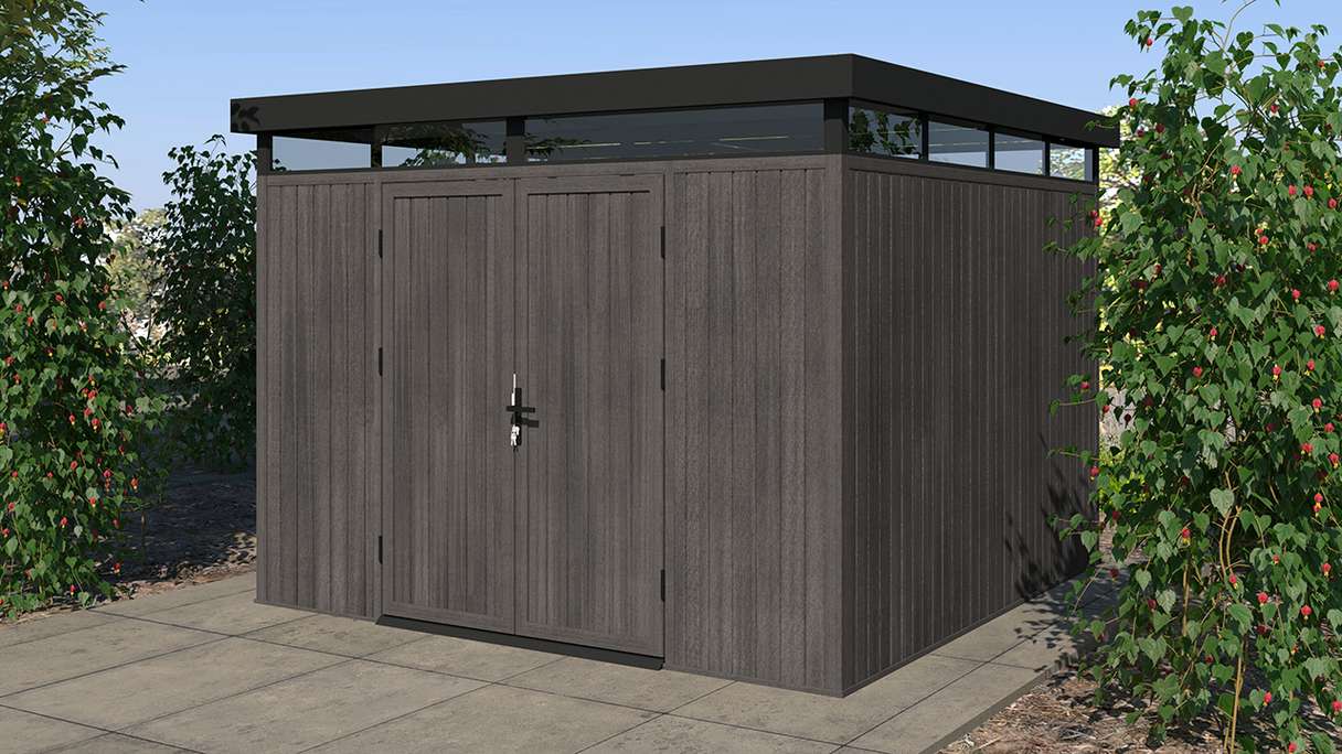 Abri de jardin planeo WPC CoEx à toit plat, modèle L - Gris foncé, 300 x 292 x 226,5 cm