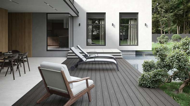 planeo CoEXWood Kit complet de terrasse en WPC Plancher massif - gris anthracite/gris brun structuré