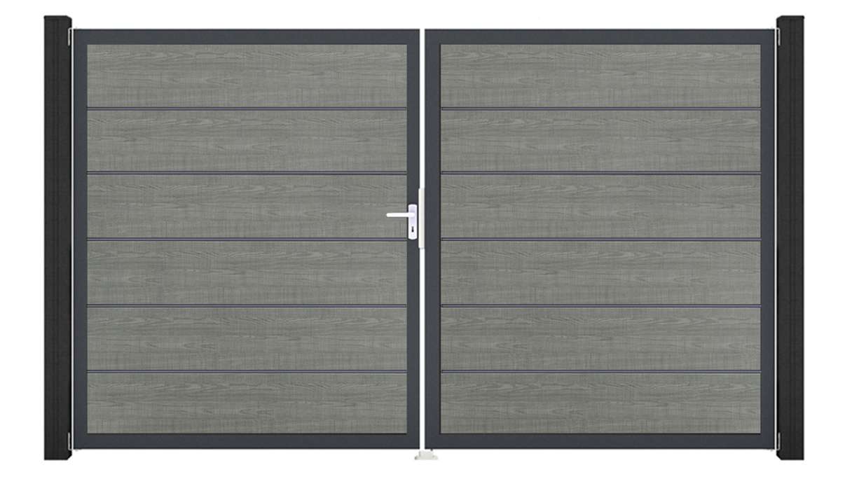 planeo Gardence Simply Premium - Portail en PVC à deux vantaux « Grey Ash Cut » avec cadre en aluminium, 300 x 180 cm