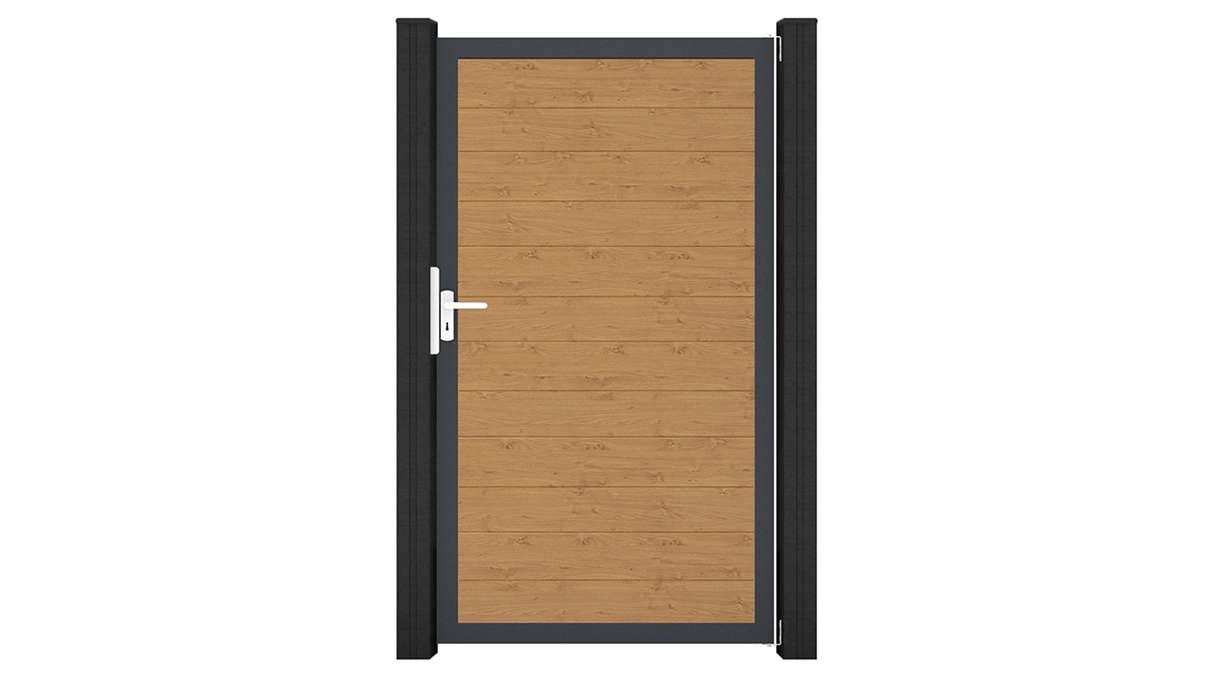 planeo Gardence Simply Small - Portail universel en PVC « chêne noueux naturel » avec cadre en aluminium, 100 x 180 cm