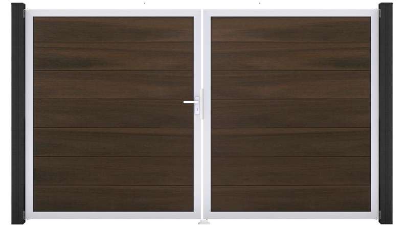 planeo Gardence Strong XL - Portail BPC - 2 vantaux, finition noyer co-ex avec cadre en aluminium